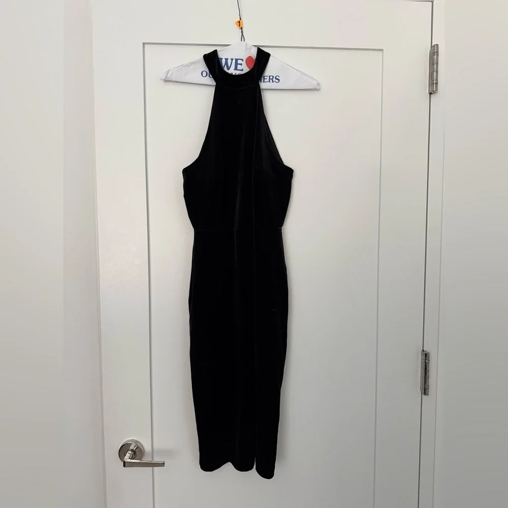 Express Black High Neck Little Black Velvet Midi Dress, Size Small - Picture 3 of 5